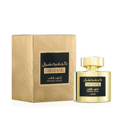 Lattafa Confidential Private Gold top notes fruit mix—bright opening for daytime freshness and uplift.