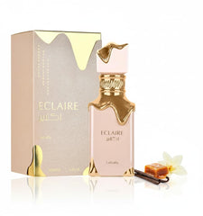Lattafa Eclaire top notes blend caramel milk sugar for a warm gourmand opening