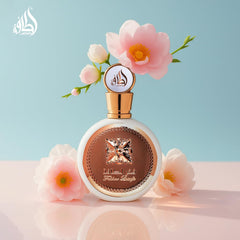 Lattafa Fakhar bottle with flowers, hints at fruity floral heart.