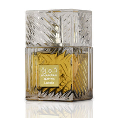 Lattafa Khamrah Qahwa bottle front for versatile day-to-night fragrance.