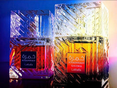 Lattafa Khamrah Qahwa box packaging showcasing unisex fragrance ready for gifting.