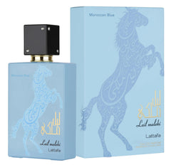 Lattafa Lail Maleki Moroccan Blue close-up of amber-wood notes and depth.