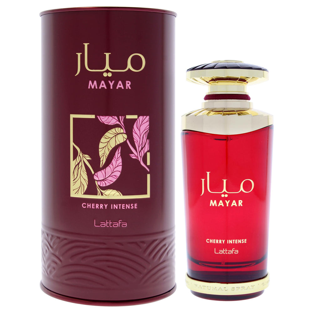 Lattafa Mayar Cherry Intense bottle front view for all-day fragrance wear