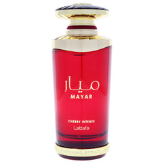 Lattafa Mayar Cherry Intense bottle side view highlights warm vanilla base
