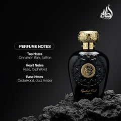 Lattafa Opulent Oud bottle closeup, rich oud and amber tones for date nights.
