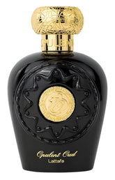 Lattafa Opulent Oud bottle front, a bold unisex fragrance for evening wear.