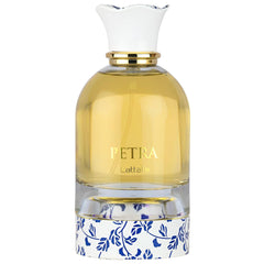 Lattafa Petra bottle front displays elegant design for evenings out.