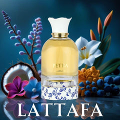Lattafa Petra EDP bottle side shows elegant design for display-worthy gifting