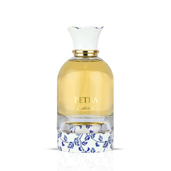 Lattafa Petra EDP liquid close-up reveals rich plum and vanilla notes