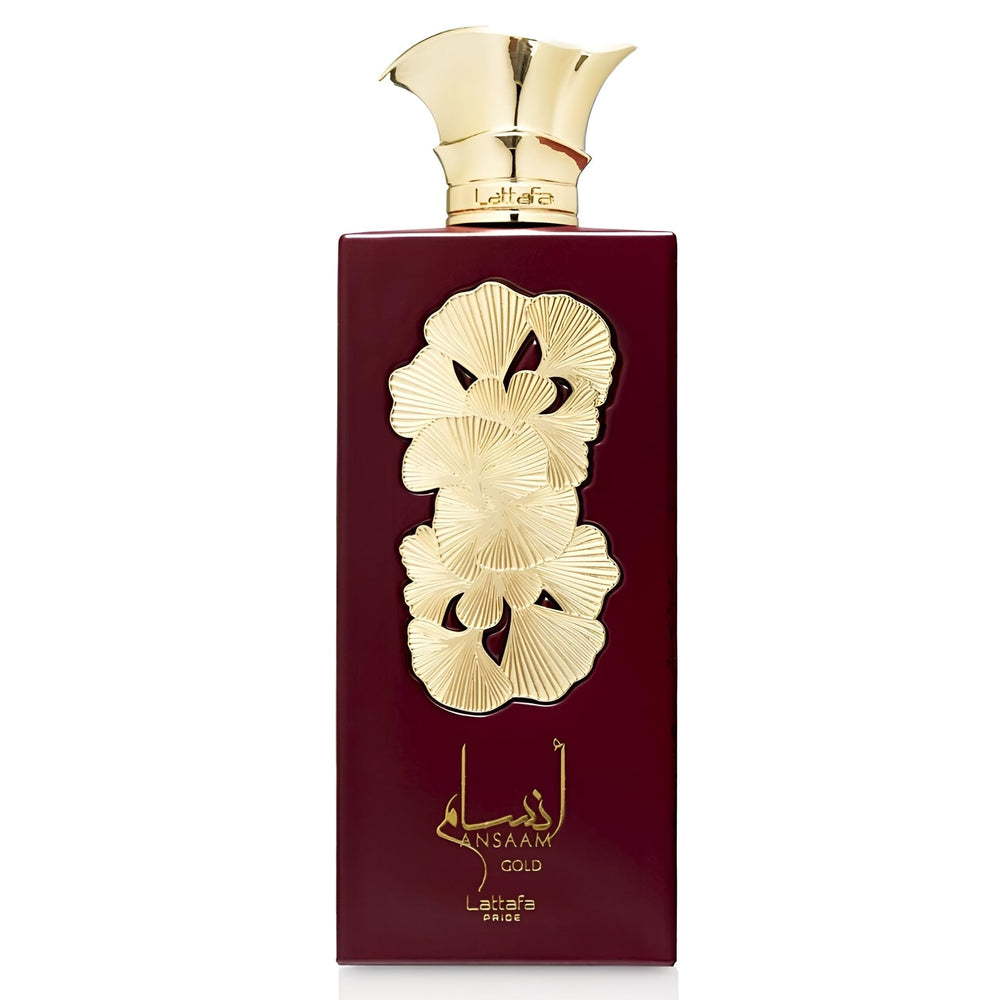 Lattafa Pride Ansaam Gold bottle front with luxe gold design for premium impression