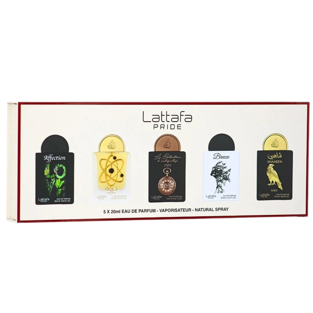 Lattafa Pride gift box showcasing five elegant women's perfumes, ideal for gifting.
