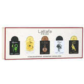Lattafa Pride gift box showcasing five elegant women's perfumes, ideal for gifting.