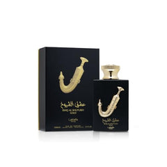 Lattafa Pride Ishq Al Shuyukh Gold spray application for even scent distribution.