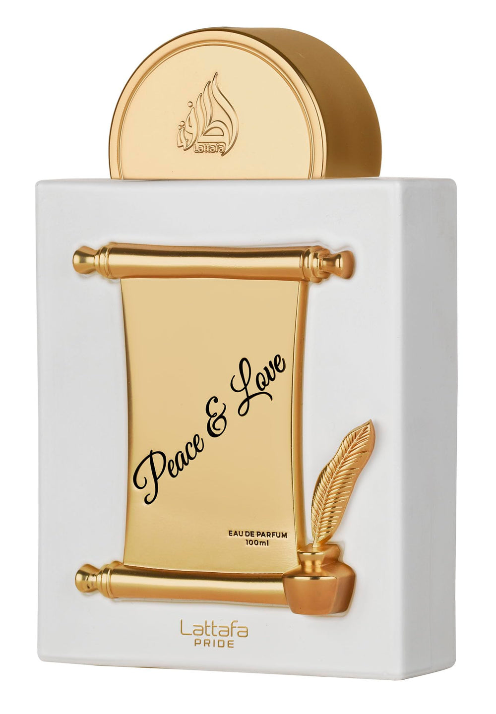 Lattafa Pride Peace & Love bottle-front view signals premium packaging for everyday elegance.