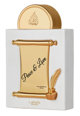 Lattafa Pride Peace & Love bottle-front view signals premium packaging for everyday elegance.