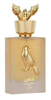 Lattafa Pride Shaheen Gold bottle-front view highlighting premium perfume for daily wear