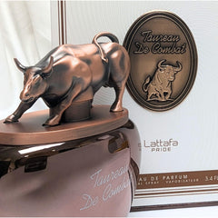 Lattafa Pride Taureau de Combat bottle close-up highlighting amber spice for bold evenings.