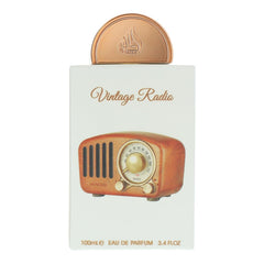 Lattafa Pride Vintage Radio bottle closeup label highlights lavender and bergamot notes