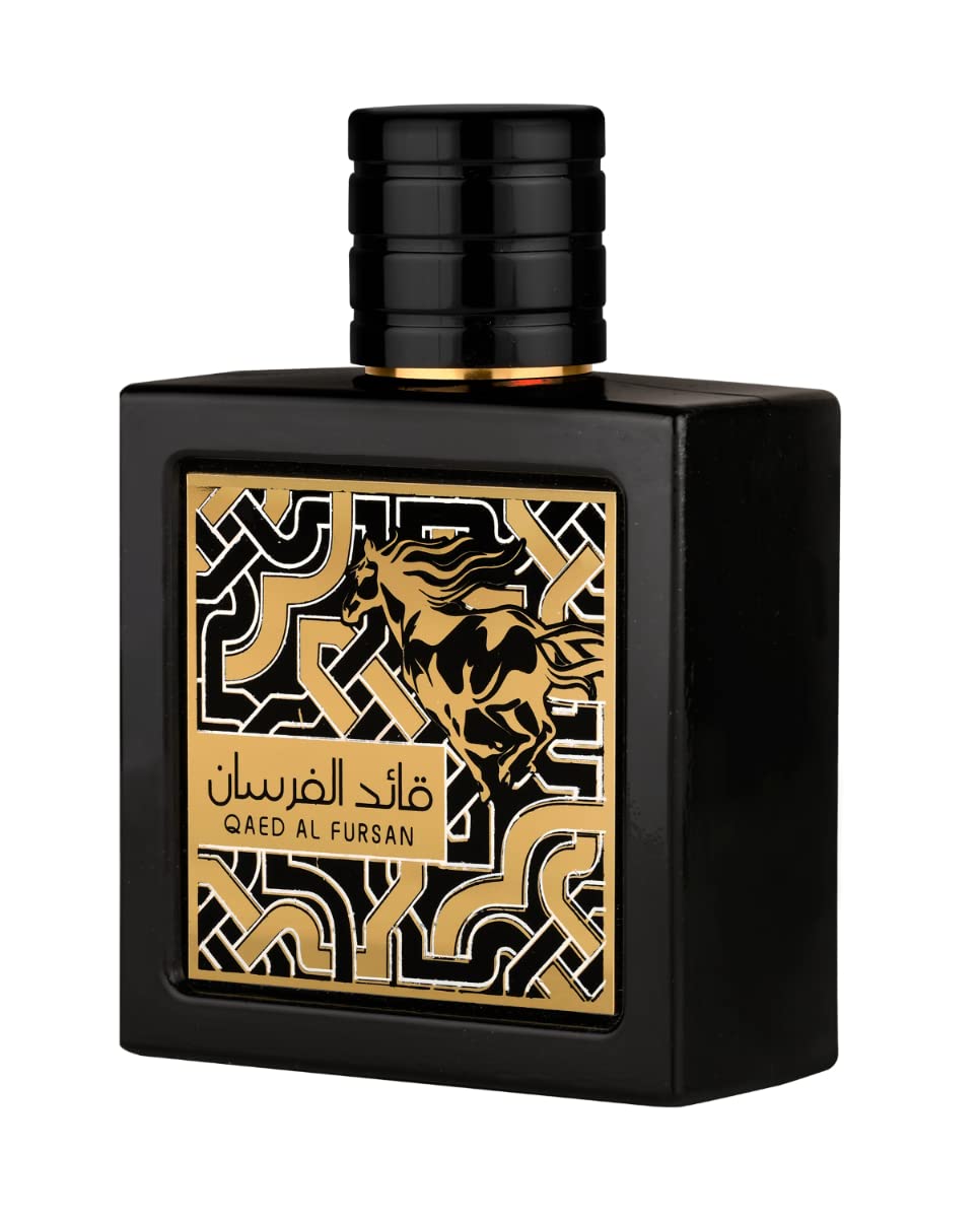 Lattafa Qaed Al Fursan bottle front for bold evening fragrance