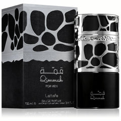 Lattafa Qimmah bottle highlighting woodsy base notes for versatile scent.