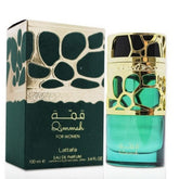 Lattafa Qimmah women EDP bottle closeup, ideal for evening elegance and confident moments.
