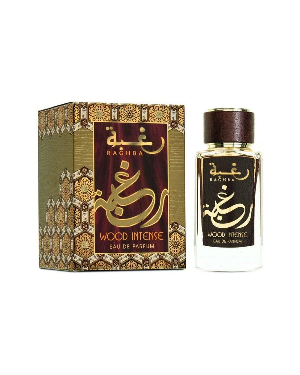 Lattafa Raghba Wood Intense bottle front shows amber-woody elegance for daily wear.