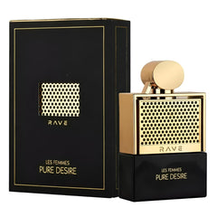 Lattafa Rave Pure Desire Gold bottle reveals floral notes, ideal for elegant evening wear.