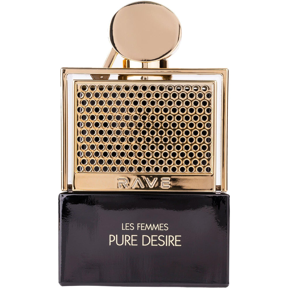 Lattafa Rave Pure Desire Gold packaging shines gold, signaling luxury for special occasions.