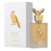 Lattafa Shaheen Gold bottle front view for versatile daily wear