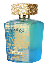 Lattafa Sheikh Al Shuyukh Supreme bottle close-up, showcasing luxury packaging for evenings.