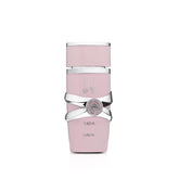 Lattafa Yara bottle on vanity showing vanilla-forward elegance and lasting scent.