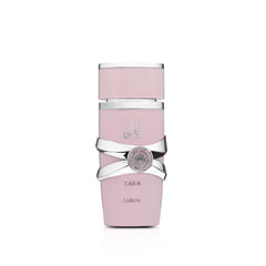 Lattafa Yara bottle on vanity showing vanilla-forward elegance and lasting scent.