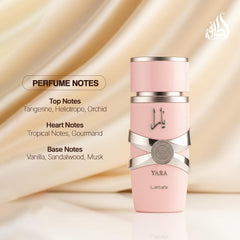 Lattafa Yara top notes of tangerine ignite a bright, inviting start.