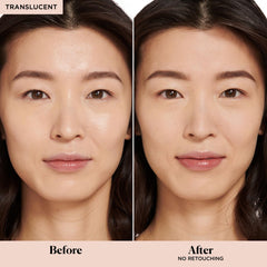 Laura Mercier loose powder brush-on application showing weightless, natural-looking finish.