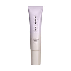 Laura Mercier Pure Canvas Primer bottle closeup highlights blurred pores for smoother makeup.
