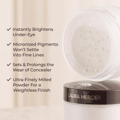 Laura Mercier Secret Brightening Powder applied under-eye with translucent veil brightening look