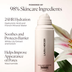 Laura Mercier translucent spray closeup shows gentle blurring and comfortable, non-drying feel.