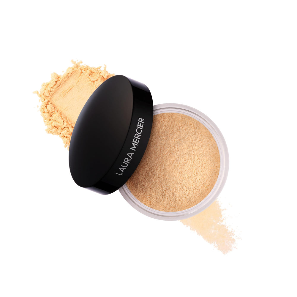 Laura Mercier translucent powder jar close-up highlighting silky texture and shine control