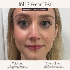 Laura Mercier translucent loose setting powder close-up showing micro-blurring texture reduces pores.