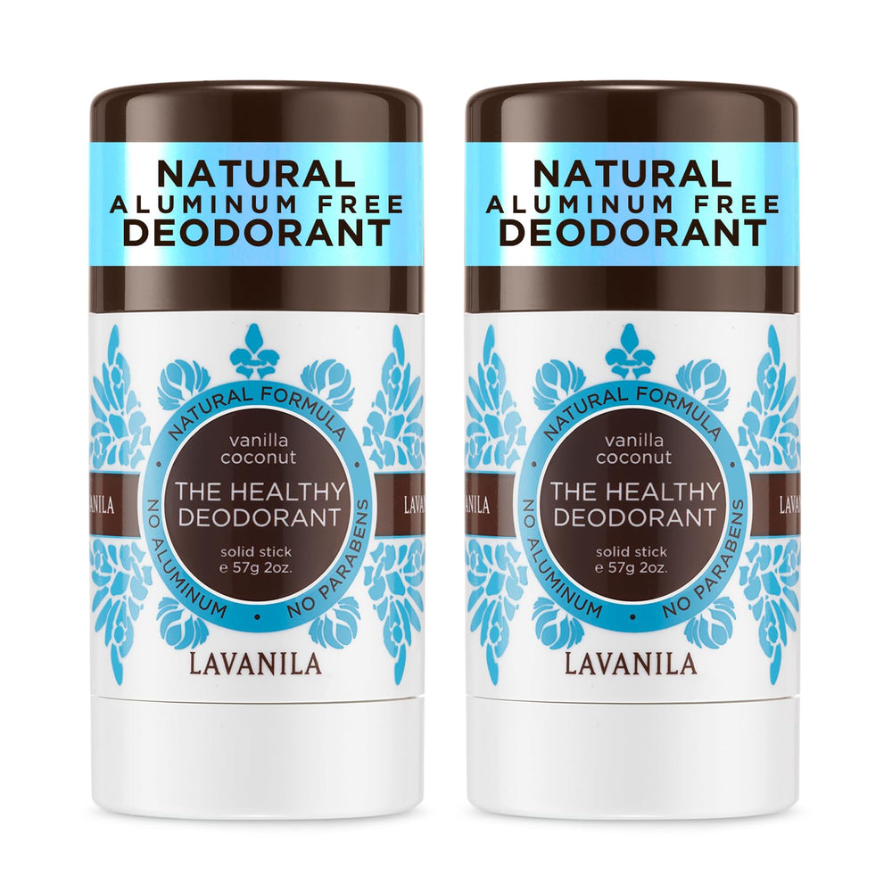 Lavanila Vanilla Coconut Deodorant 2-Pack box shows portable freshness for on-the-go use.