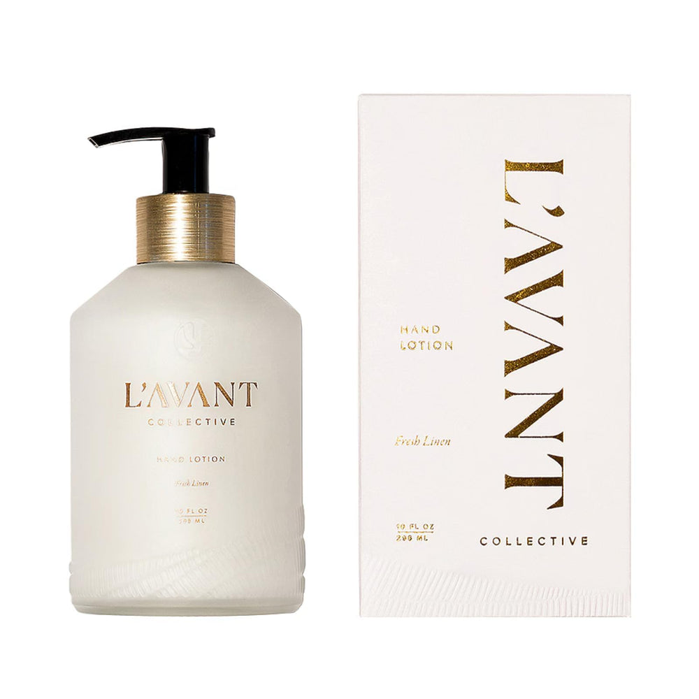 L'AVANT Collective Luxury Hand Lotion glass bottle front shows premium hydration for dry hands.