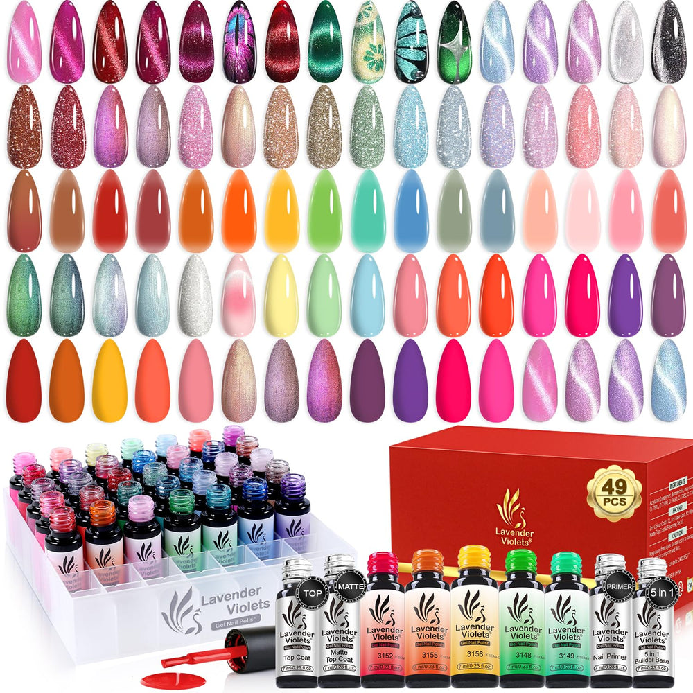 Lavender Violets 49 PCS gel nail polish set box shows bottles for salon-quality DIY nails.