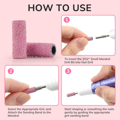Lavinda beginner-friendly sanding bands mounted on a drill for easy home manicure use.