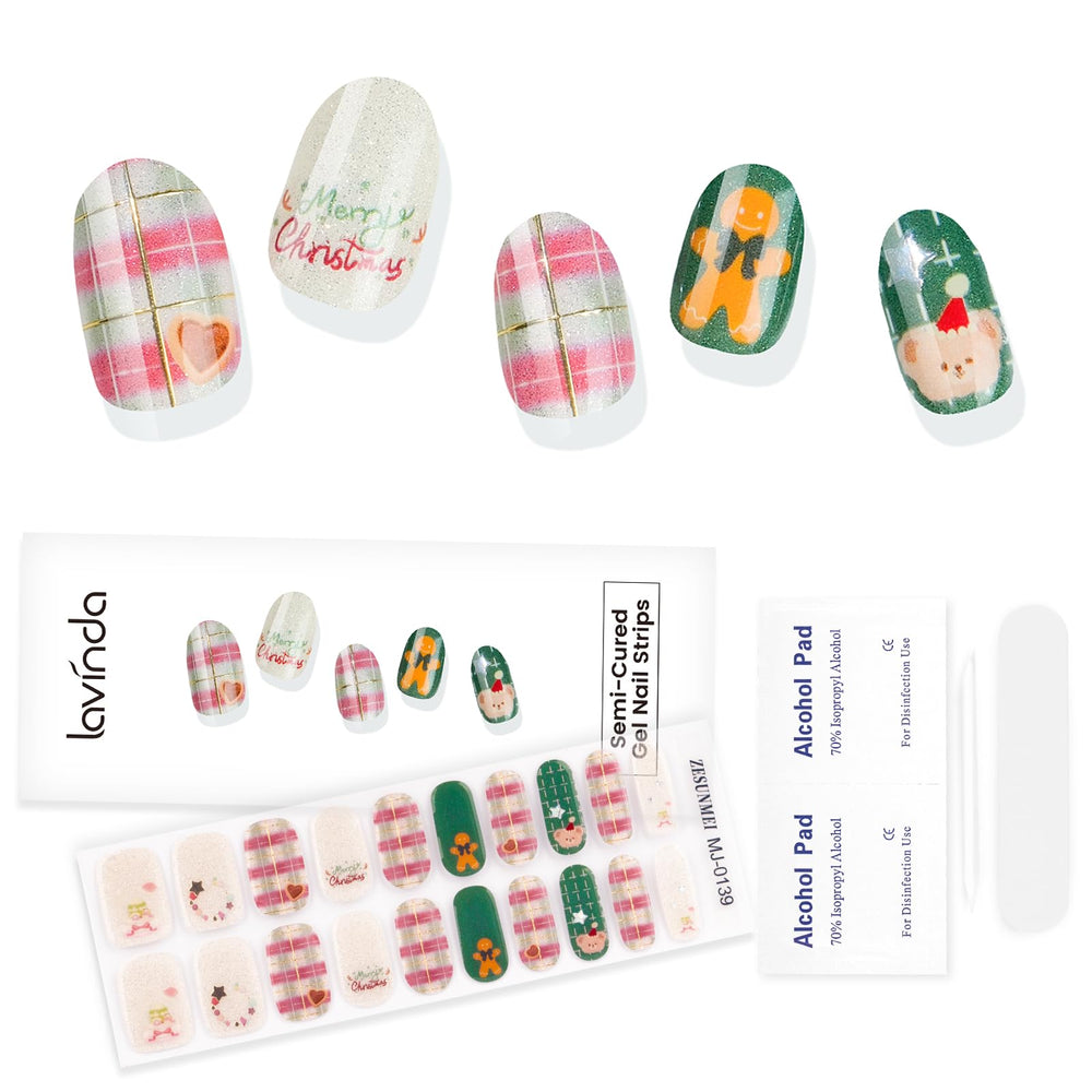 Lavinda Christmas nail strips pink plaid on nails with holiday sparkle
