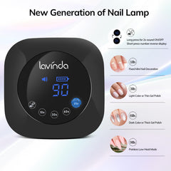 Lavinda UV Nail Lamp digital display illustrating timer options for precision