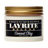 Layrite Cement Clay jar close-up highlighting high hold and matte finish.