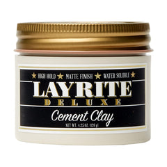 Layrite Cement Hair Clay jar close-up for all-day hold and easy washout.