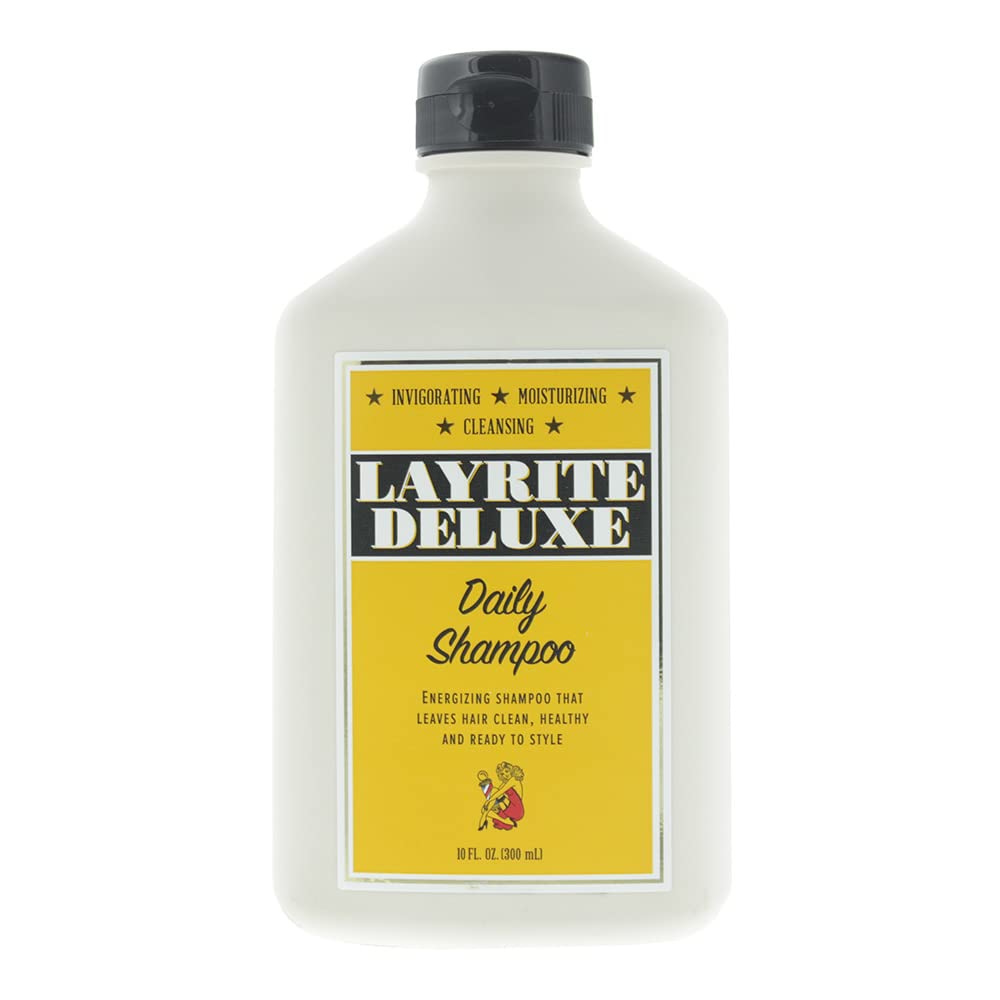 Layrite Daily Shampoo bottle highlights barber-grade care and daily cleansing.