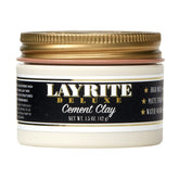Layrite Deluxe Cement Clay jar close-up shows premium hold and easy washout for all-day style.