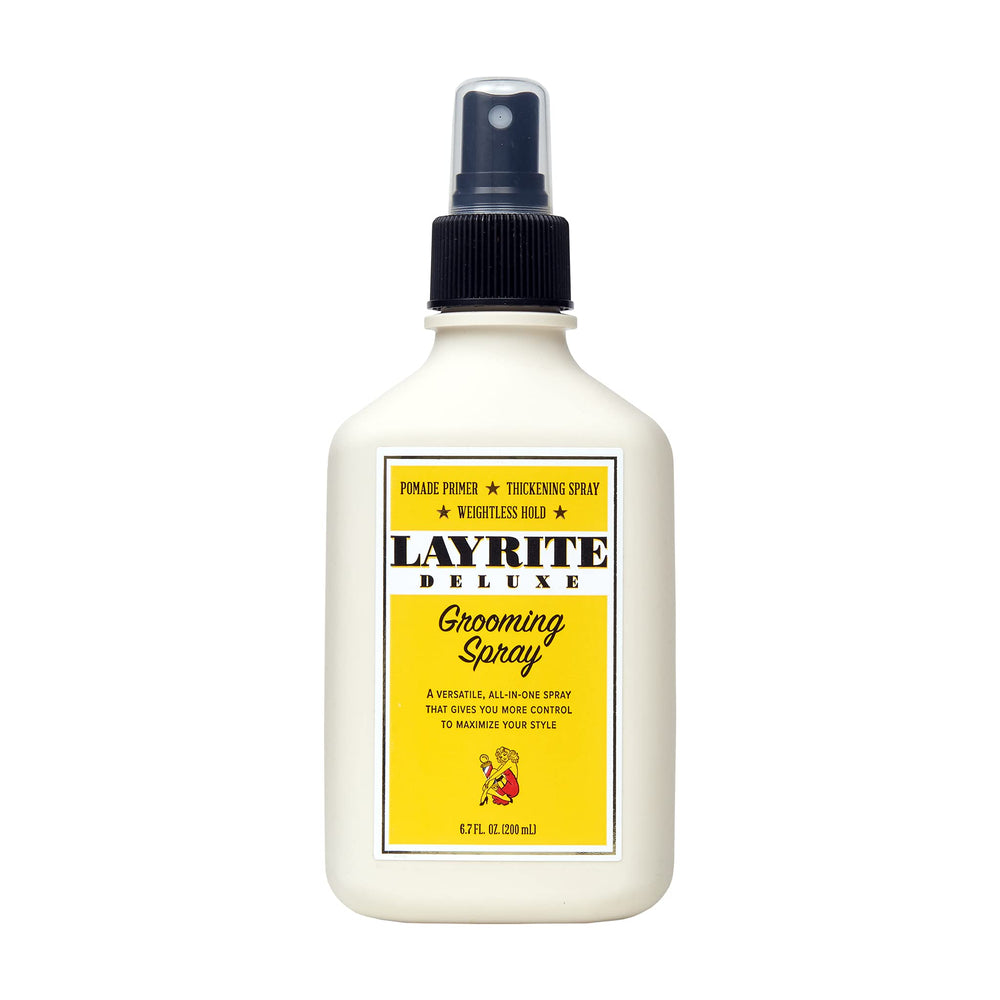 Layrite Grooming Spray bottle close-up showing buildable hold for versatile styling.
